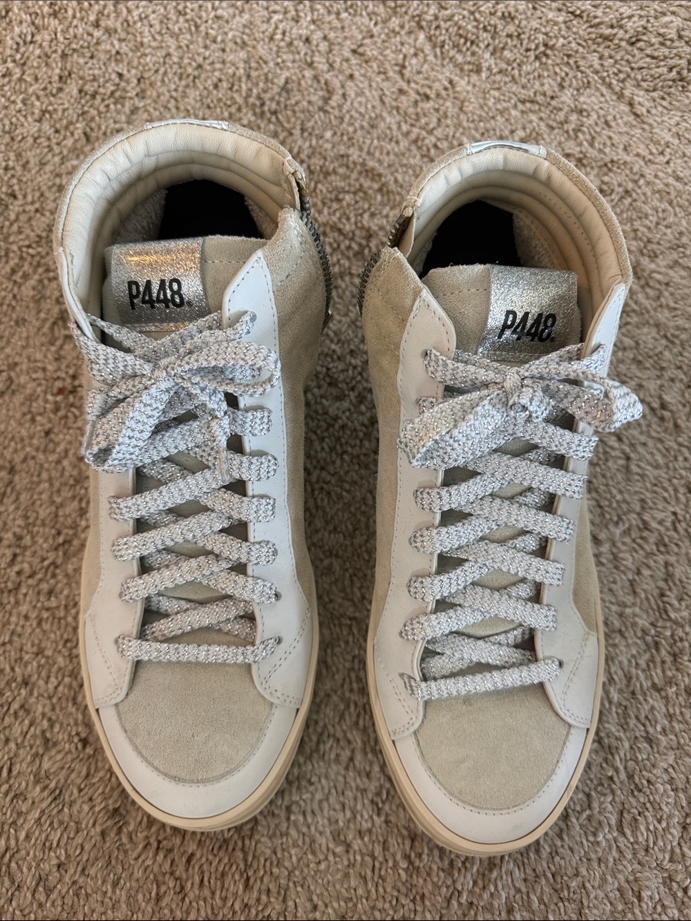 P448 woman’s Cream and Silver High-Top Sneakers